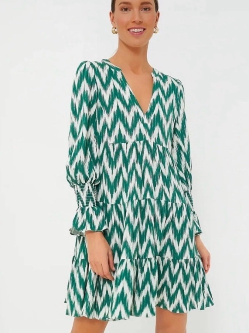 Tuckernuck Pomander Place Kenzo Green White Ikat Chevron Tiered Mini Dress S